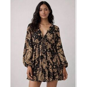 Free People Paisley Tie-Front Dress in Black with Yellow & Pink